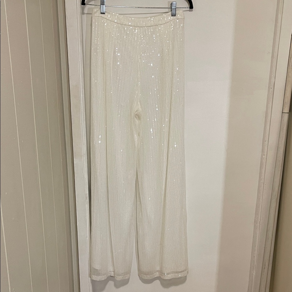 12th Tribe White Sequin Wide Leg Pants - Picture 3 of 6
